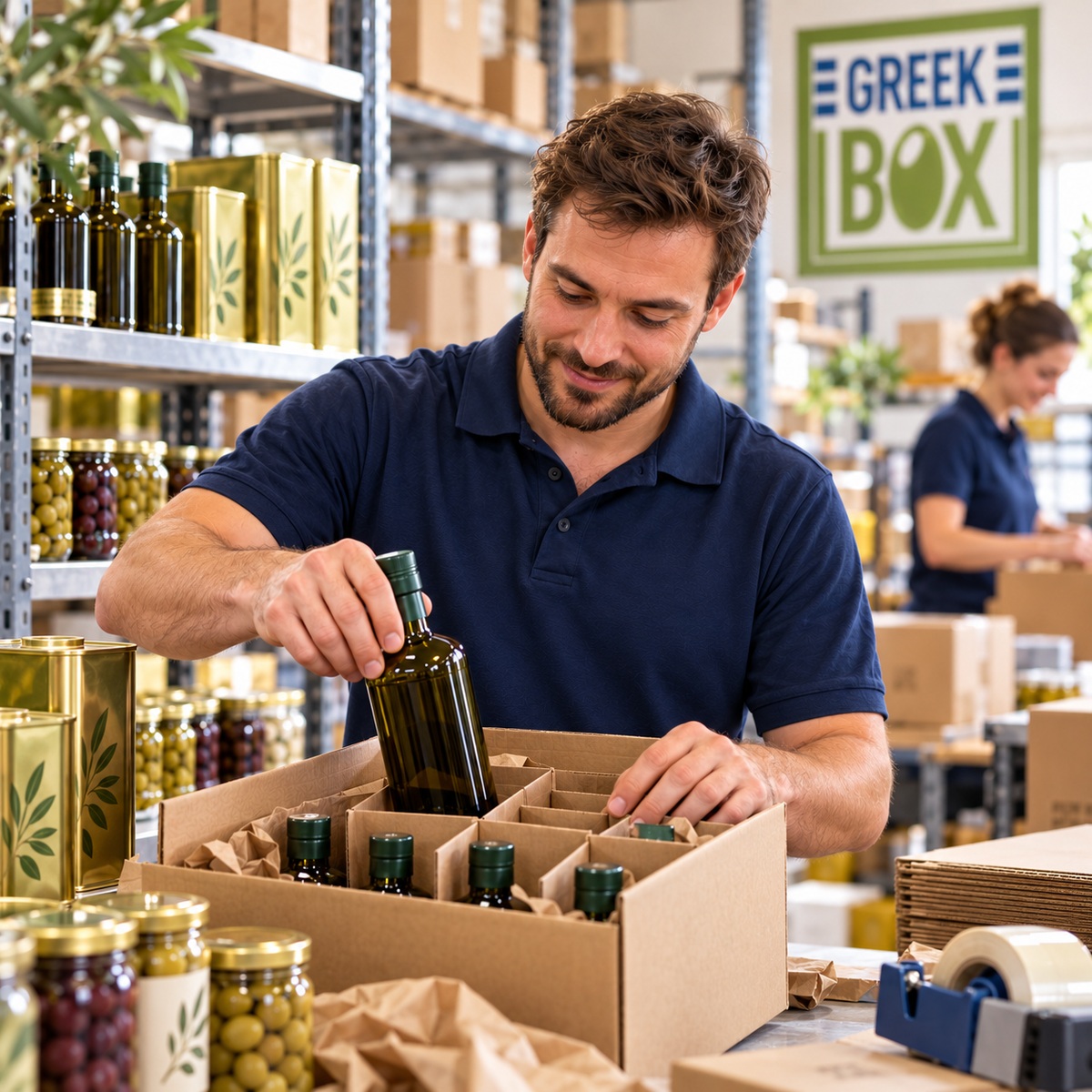 Magazynier GreekBox pakuje butelki oliwy do kartonu